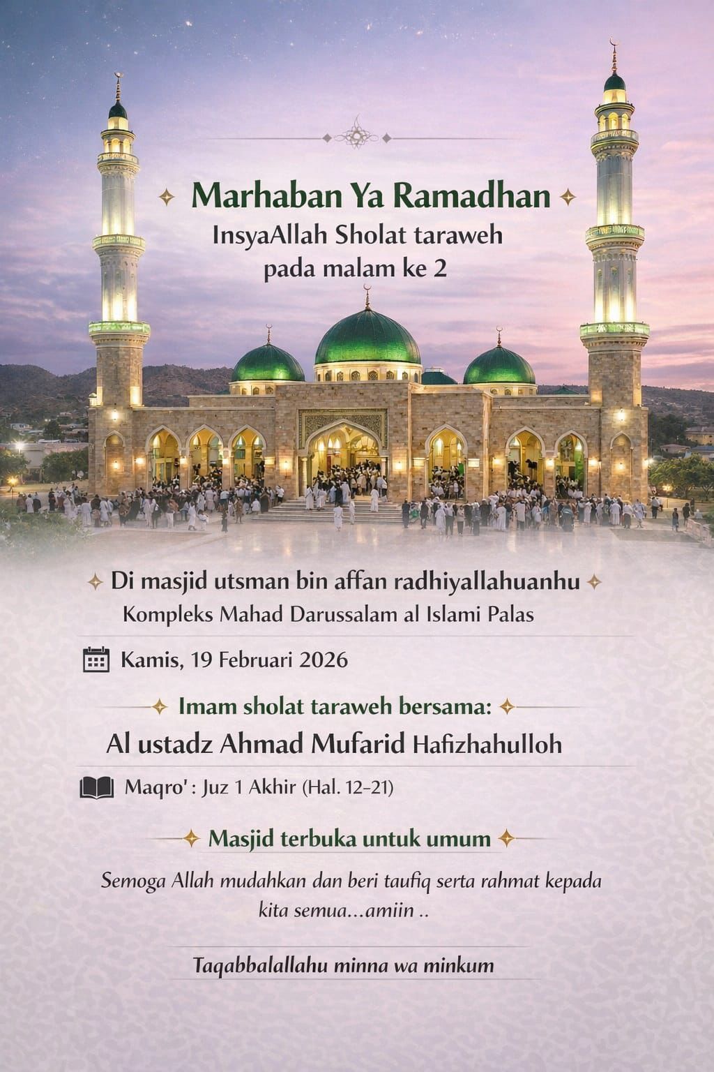 Masjid Utsman bin Affan Gelar Sholat Tarawih Perdana, Ustadz Ahmad Mufarid Pimpin Bacaan Juz 1 Akhir